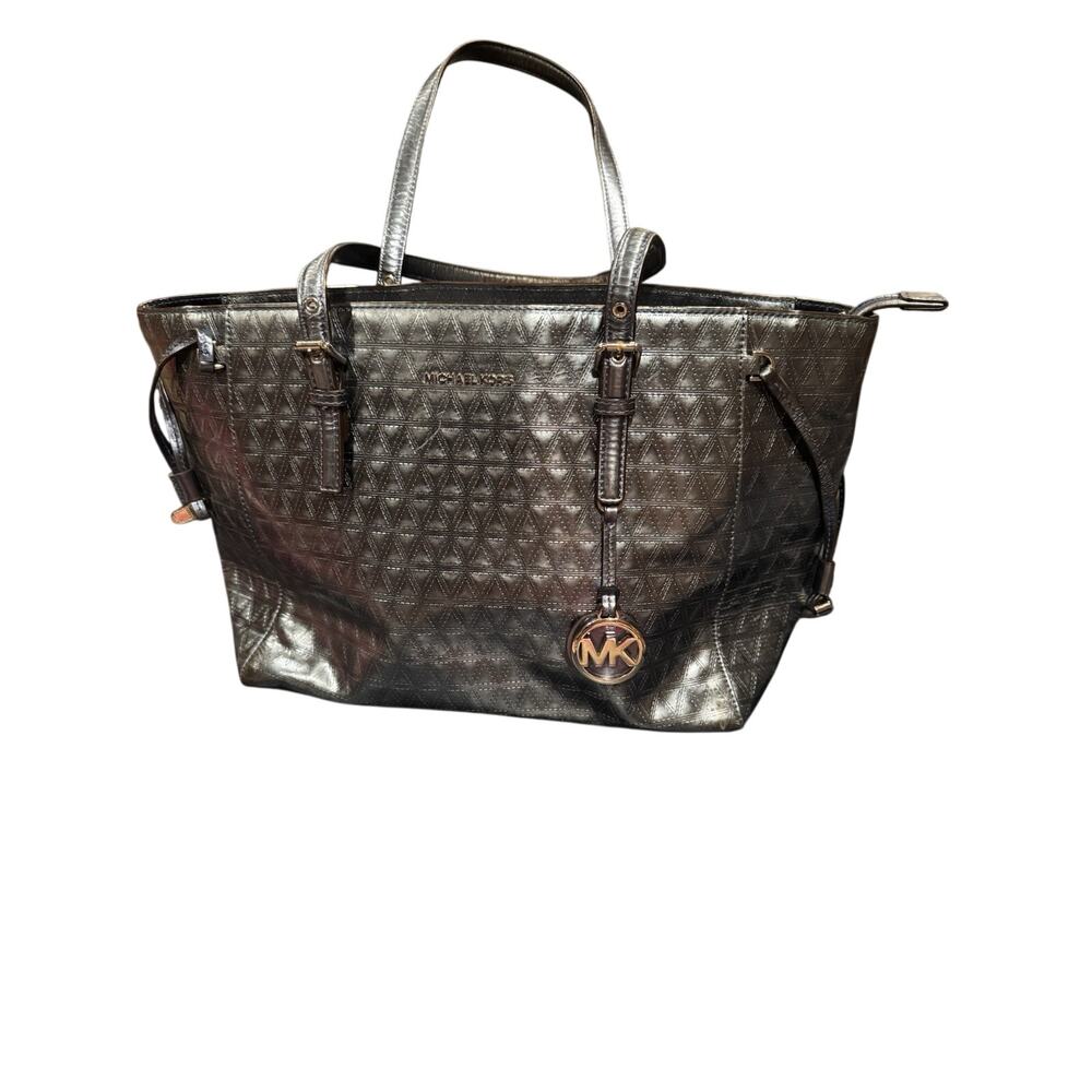 Michael Kors Voyager Blue Gunmetal Embossed Leather Large Tote